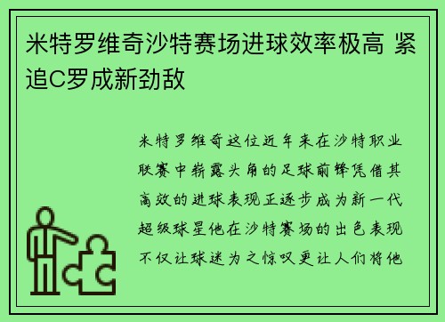 米特罗维奇沙特赛场进球效率极高 紧追C罗成新劲敌